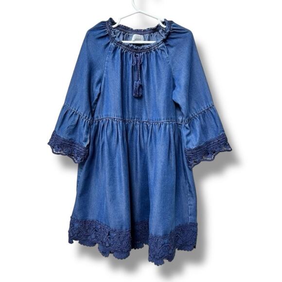 Peek Girls Chambray Dress Size 6-7 Indigo Blue Lace Hem Tassel Tie Lyocell Boho - Picture 1 of 7